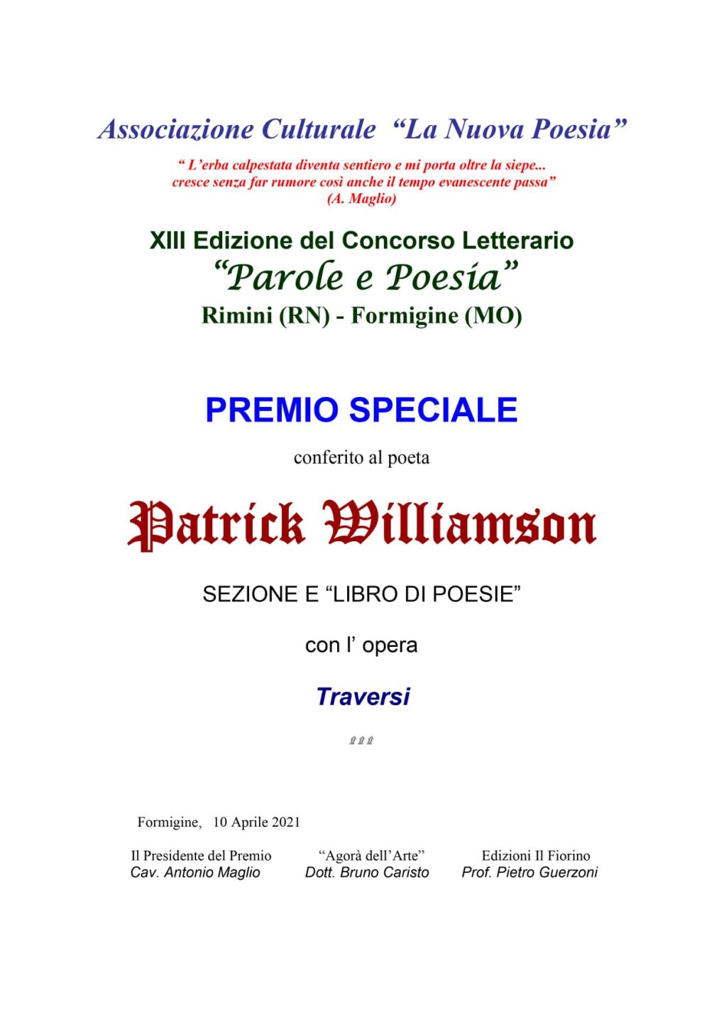 Scopri di più sull'articolo Traversi premio speciale “Parole e Poesia”