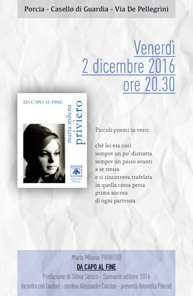 Scopri di più sull'articolo Incontri con i libri: Da capo al fine di Maria Milena Priviero – 2 dicembre