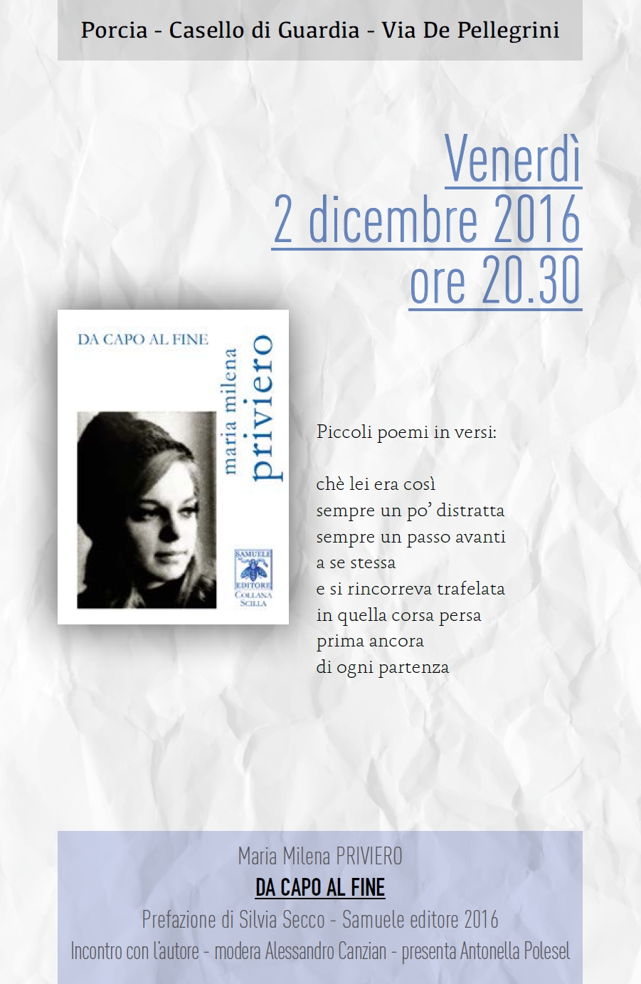 Al momento stai visualizzando Incontri con i libri: Da capo al fine di Maria Milena Priviero – 2 dicembre