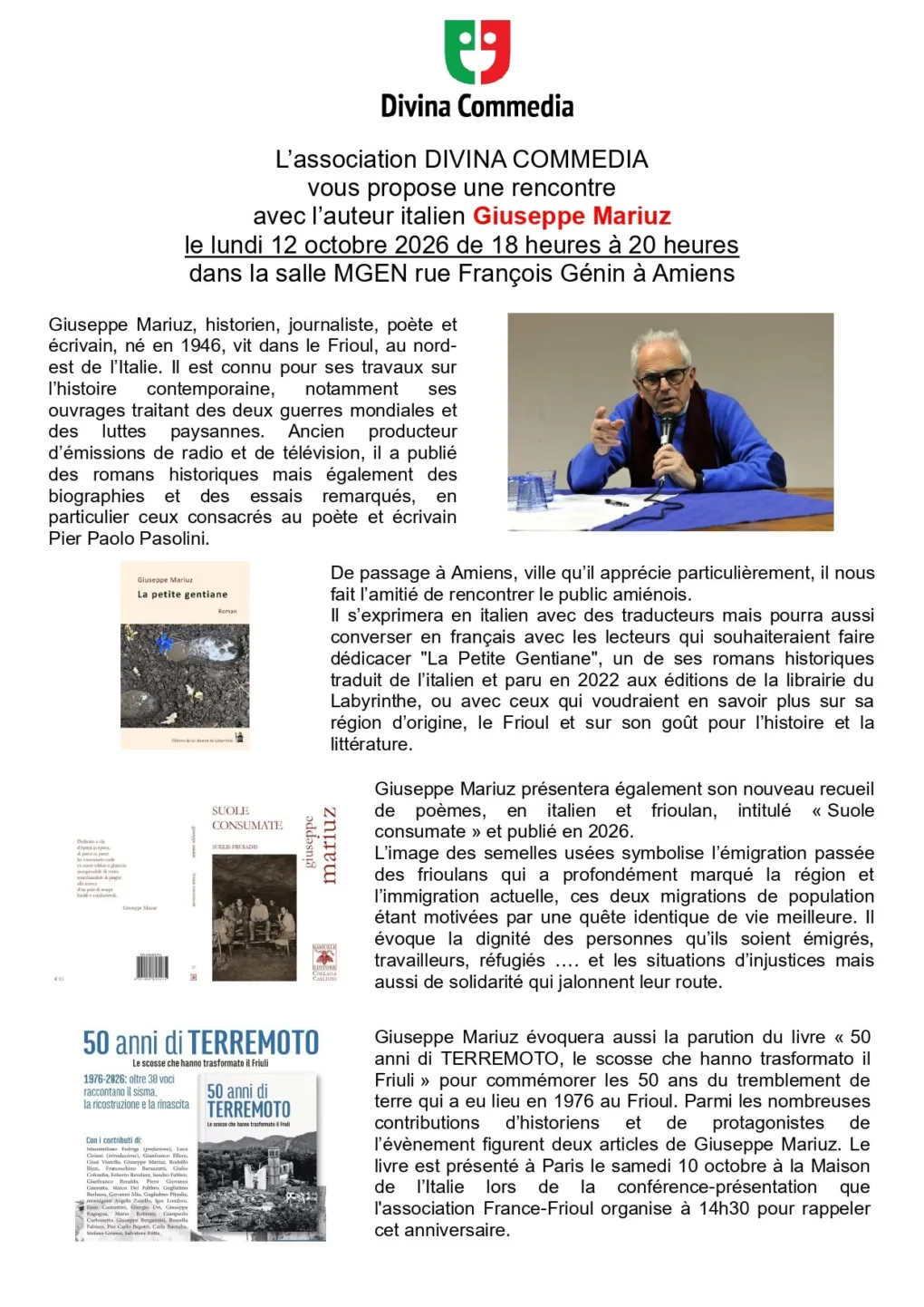 Scopri di più sull'articolo Giuseppe Mariuz ad Amiens: incontro con l’autore – 12 ottobre