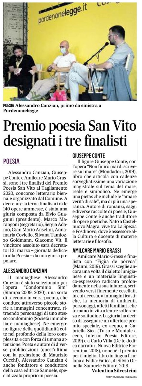 Scopri di più sull'articolo Da Il Gazzettino sul Premio San Vito 2020