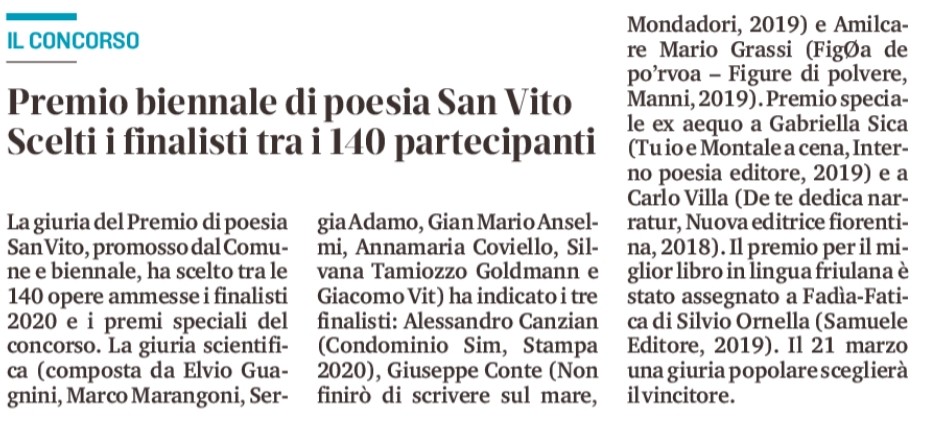 Al momento stai visualizzando Da Il Messaggero Veneto sul Premio San Vito 2020